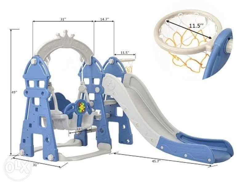 Blue Luxury 5-in-1 Castle Edition Playset for Kids W/ Slide, Closed Steps, Swing & Basketball Hoop.