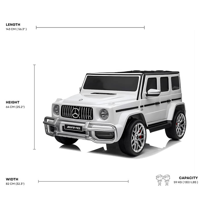 24V Exclusive White Mercedes Benz G63 2-Seater 4x4 Kids' Ride-on SUV W/ EVA Wheels, Leather Seats, Light-up Logo, BT & RC.