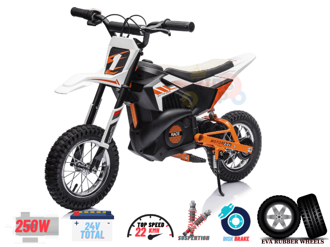 24V 250W Super Moto Off-Road Edition Ride-On Dirt Bike for Big Kids W/ Air-Filled Rubber Tires.