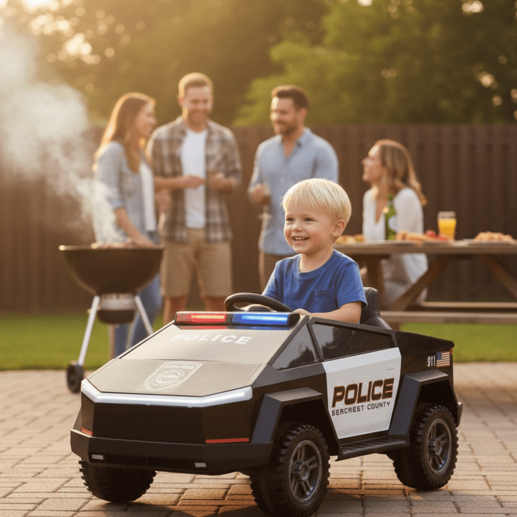 12V Future Police 4x4 Ride-On Truck W/ Rubber Wheels, Emergency Siren, Lights, Music & RC.