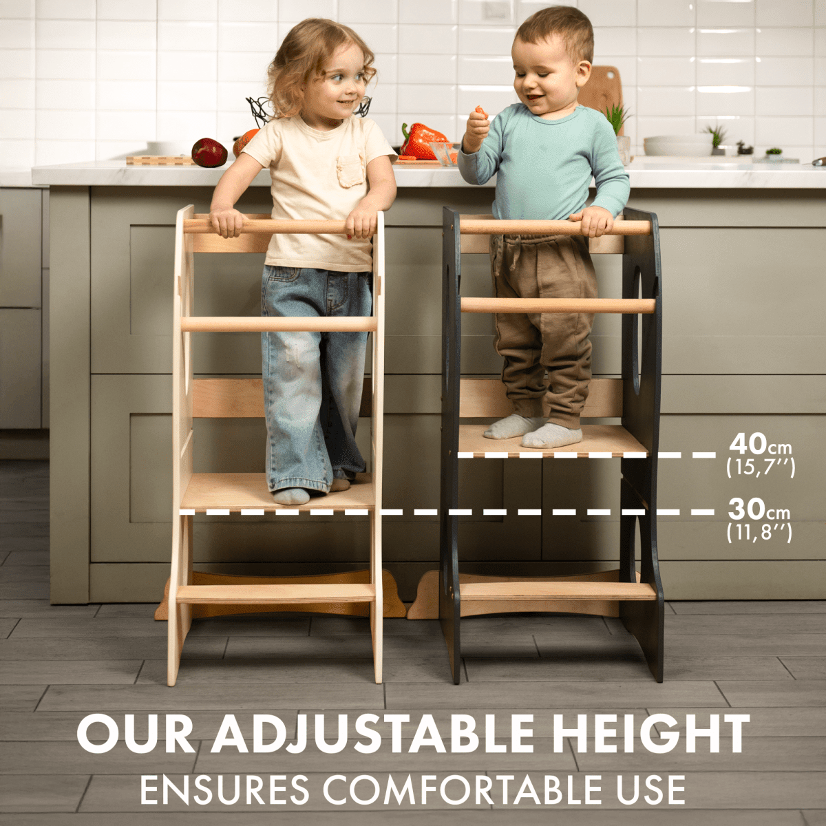 Stable Montessori Tower: Wooden Growing Chair - Grey.