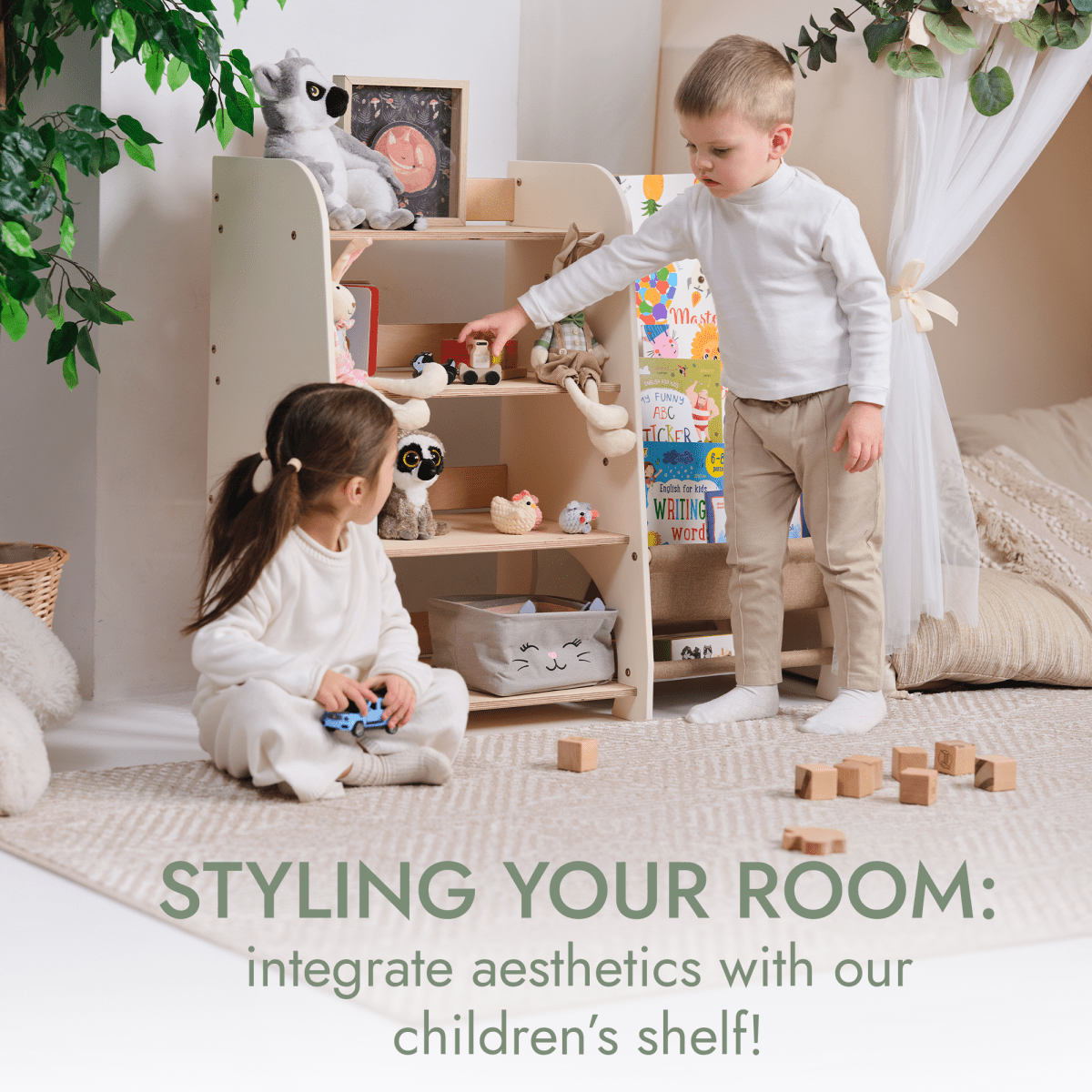 Wooden Montessori Shelves for Toddler 2in1: Bookshelf & Toy Shelving.