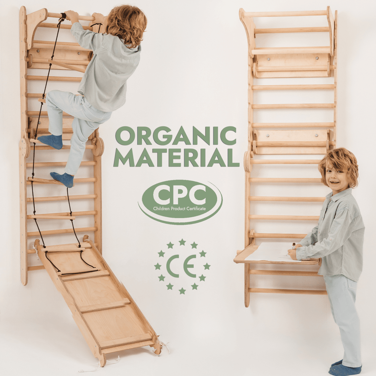 Wooden Swedish Wall / Climbing ladder for Children + Swing Set + Slide Board + Art Add-on.