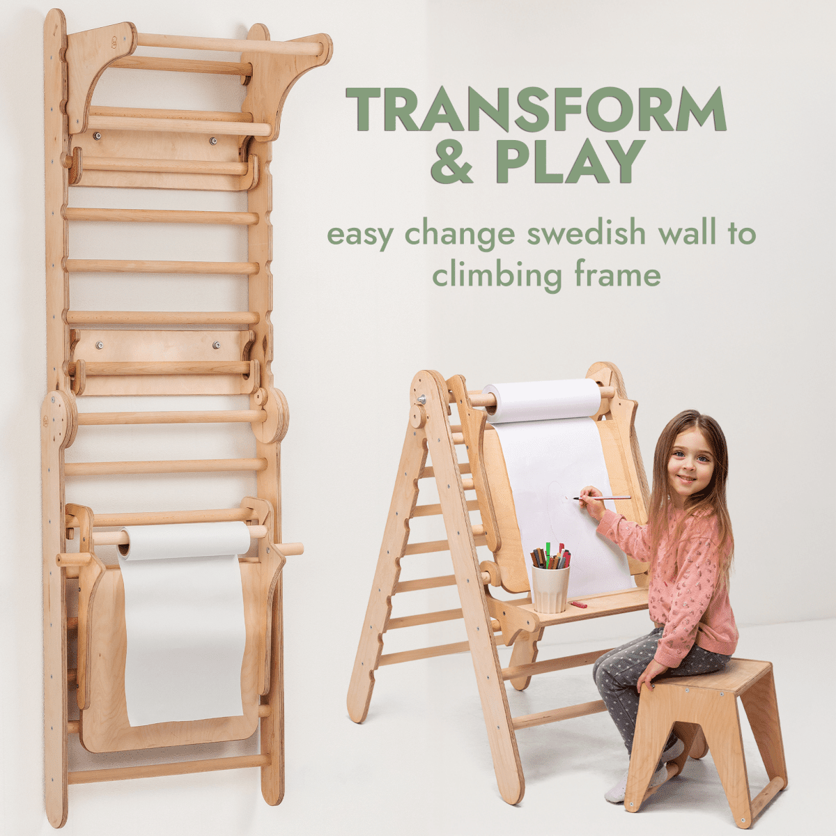 Wooden Swedish Wall / Climbing ladder for Children + Swing Set + Slide Board + Art Add-on.