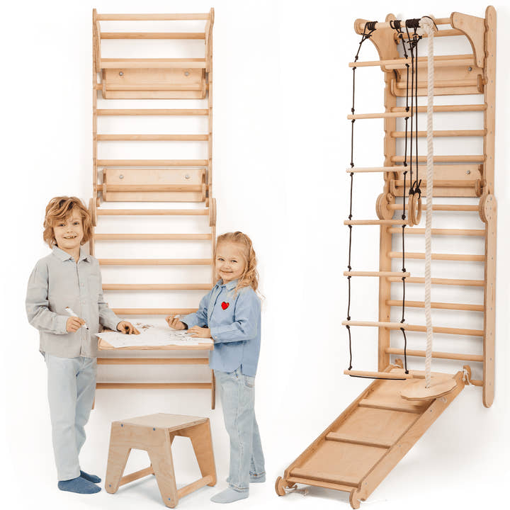 Wooden Swedish Wall / Climbing ladder for Children + Swing Set + Slide Board + Art Add-on.