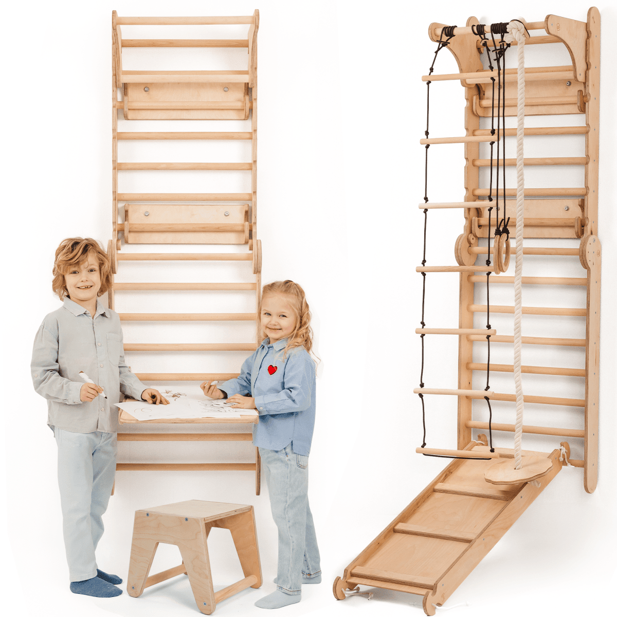 Wooden Swedish Wall / Climbing ladder for Children + Swing Set + Slide Board + Art Add-on.