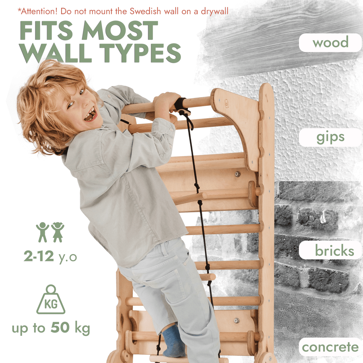 Wooden Swedish Wall / Climbing ladder for Children + Swing Set + Slide Board + Art Add-on.