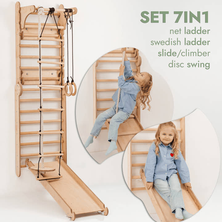 Wooden Swedish Wall / Climbing ladder for Children + Swing Set + Slide Board + Art Add-on.