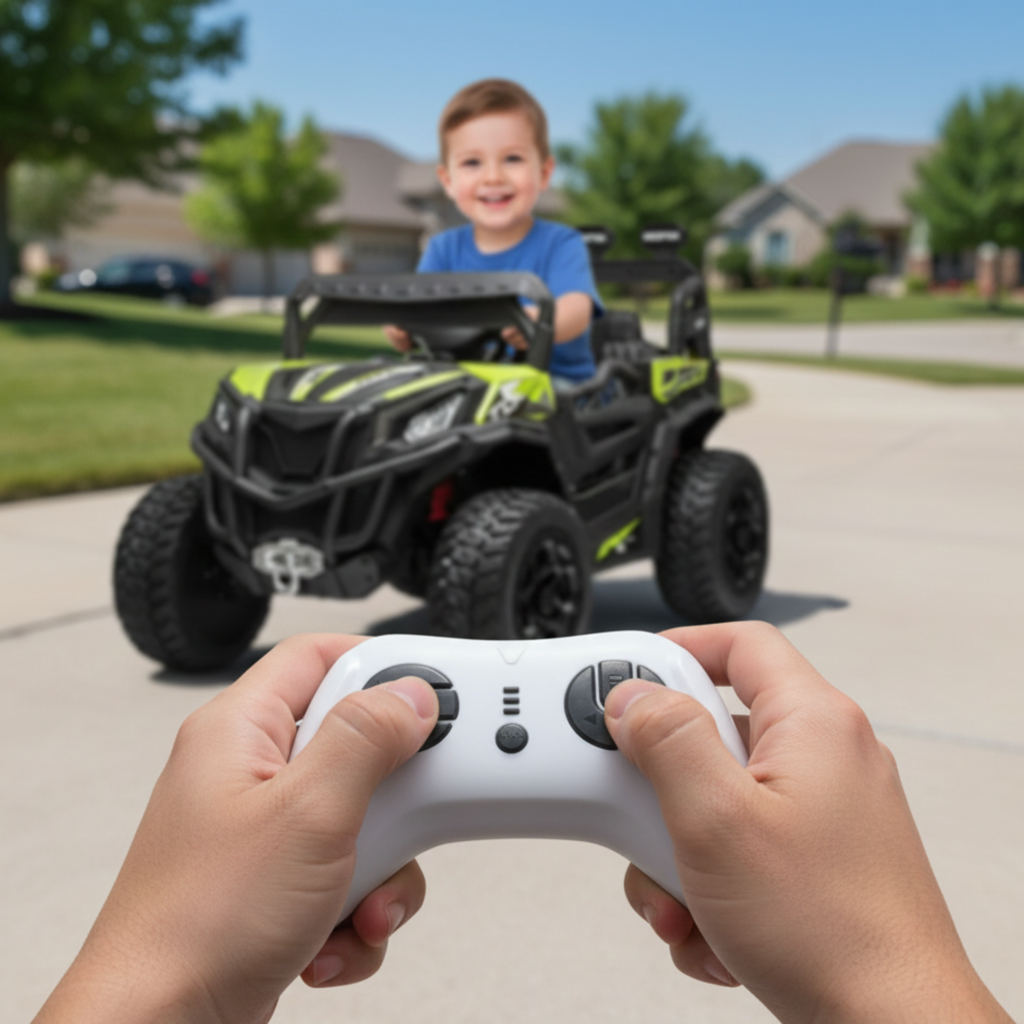 12V Green Junior Sport Utility Kids’ 4x4 Ride-On UTV Buggy W/ Rubber Wheels, Music & RC