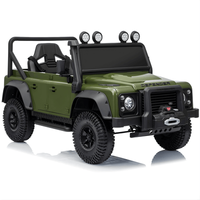 12V Green Land Rover Defender 1-Seater AWD Ride-on Truck W/ Rubber Wheels, Music Player & RC.