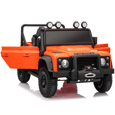 12V Orange Land Rover Defender 1-Seater AWD Ride-on Truck W/ Rubber Wheels, Music Player & RC.