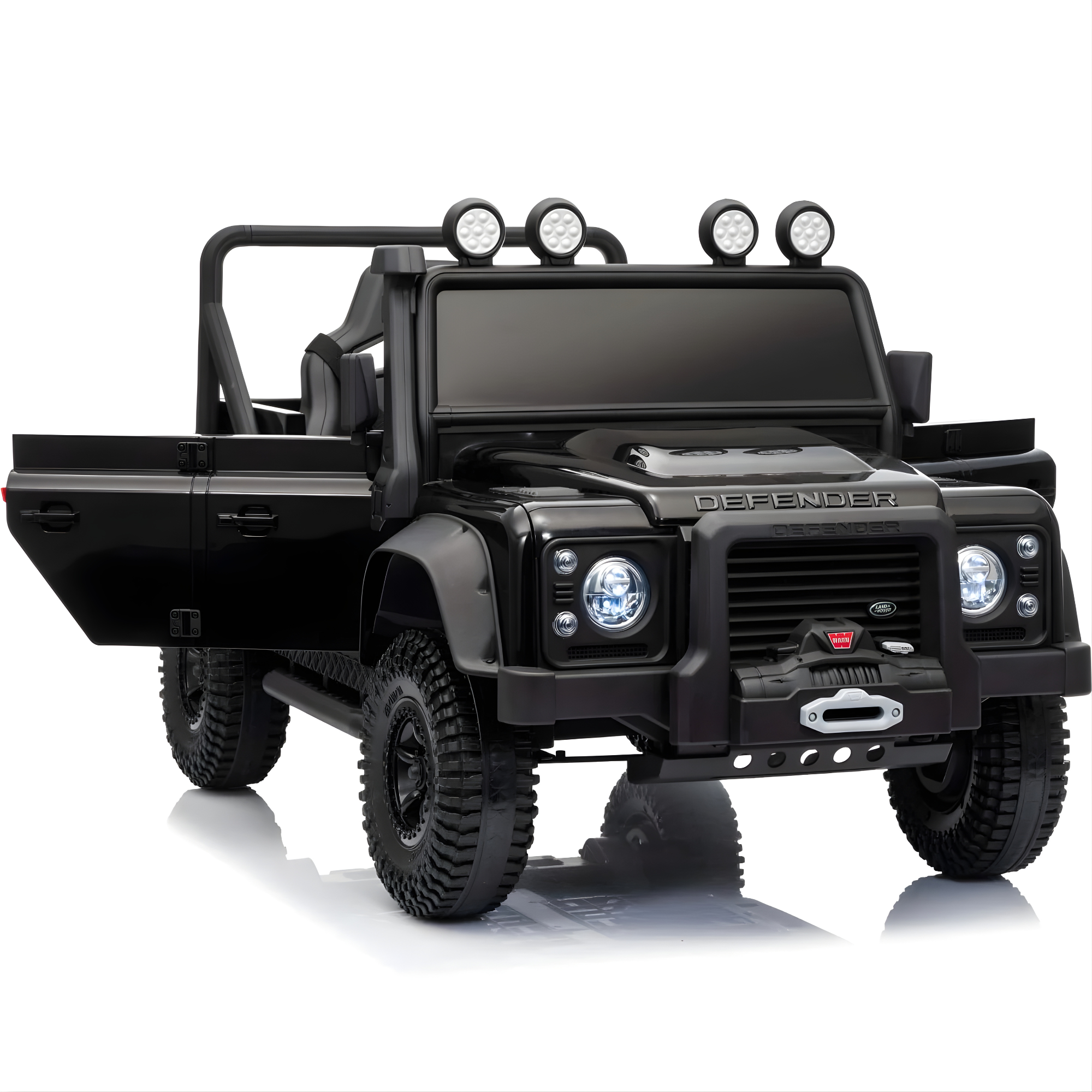 12V Black Land Rover Defender 1-Seater AWD Ride-on Truck W/ Rubber Wheels, Music Player & RC
