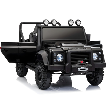 12V Black Land Rover Defender 1-Seater AWD Ride-on Truck W/ Rubber Wheels, Music Player & RC
