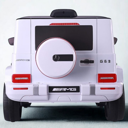 12V Luxury White Mercedes Benz AMG G63 Ride-On SUV W/ Rubber Wheels, Leather Seat, Bluetooth & RC
