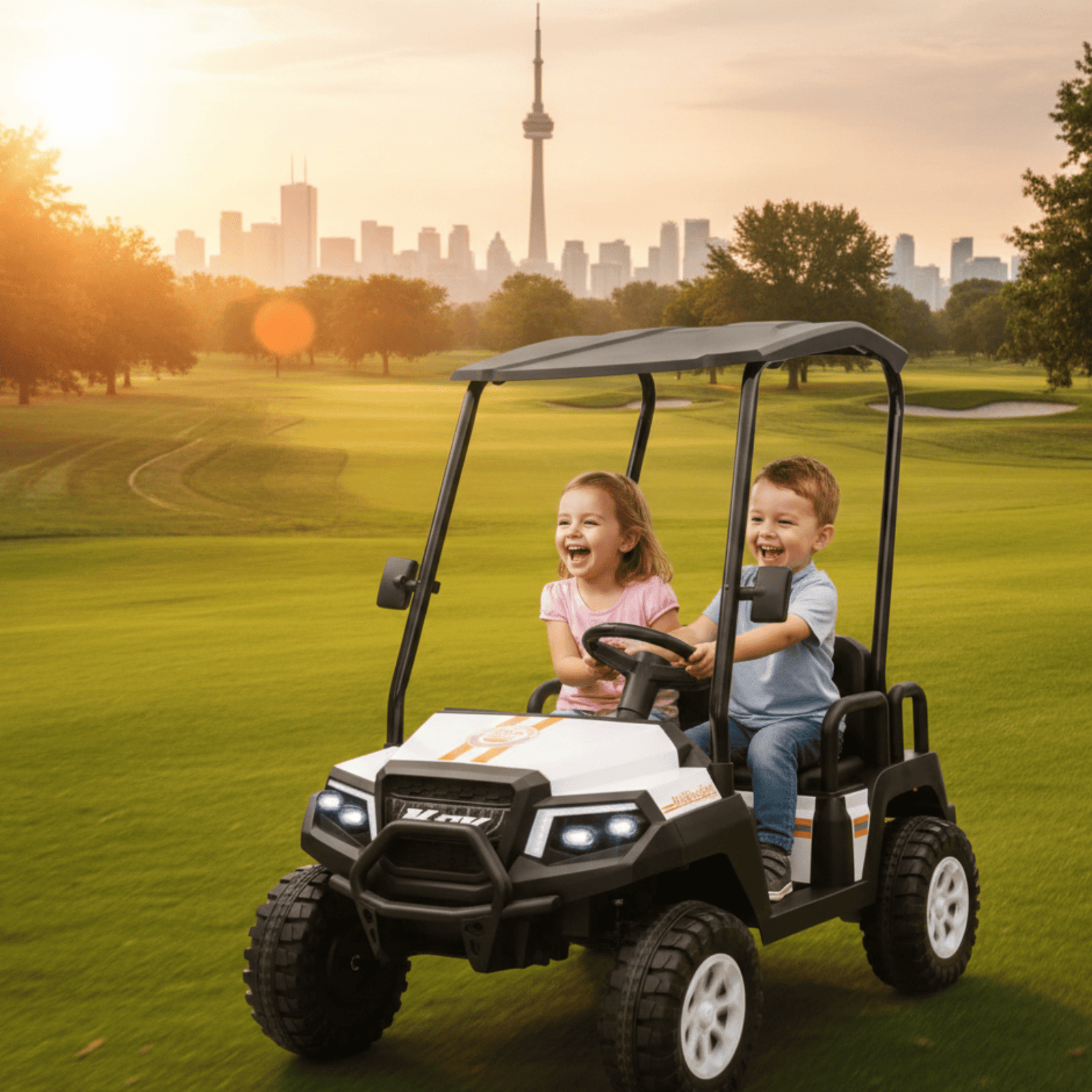 24V White Golf Buggy Edition 4-Seater 4x4 Kids' Ride-On UTV W/ Canopy, EVA Rubber Wheels, Music & RC.