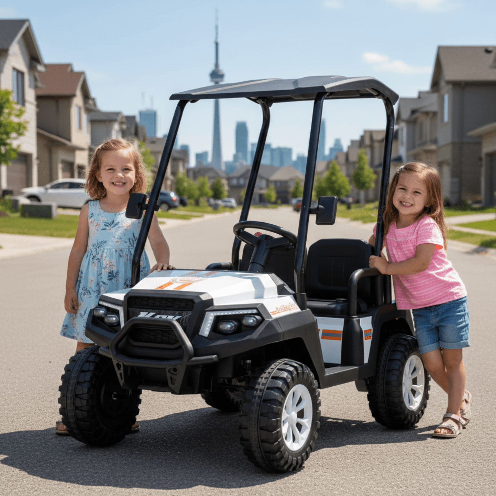 24V White Golf Buggy Edition 4-Seater 4x4 Kids' Ride-On UTV W/ Canopy, EVA Rubber Wheels, Music & RC.