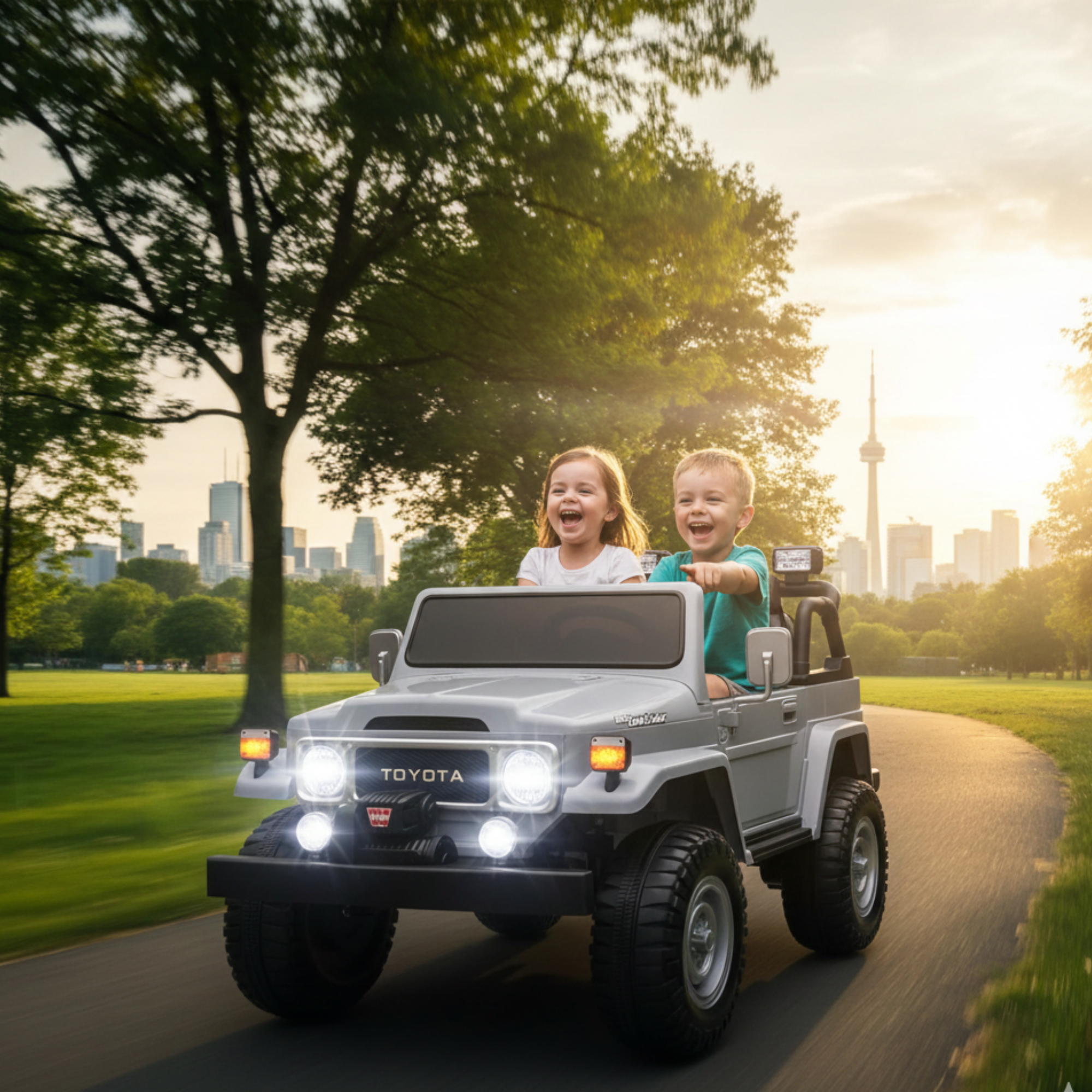 24V Grey 2-Seater Premium Edition Toyota 4x4 Truck for Kids W/ EVA Rubber Wheels, Music & RC