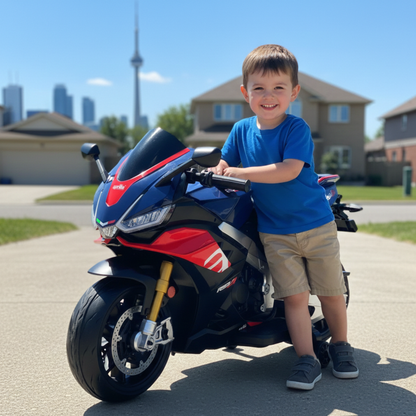 12V Upgraded Aprilia RSV4 Super Motorcycle W/ EVA Rubber Wheels, Music & Lights