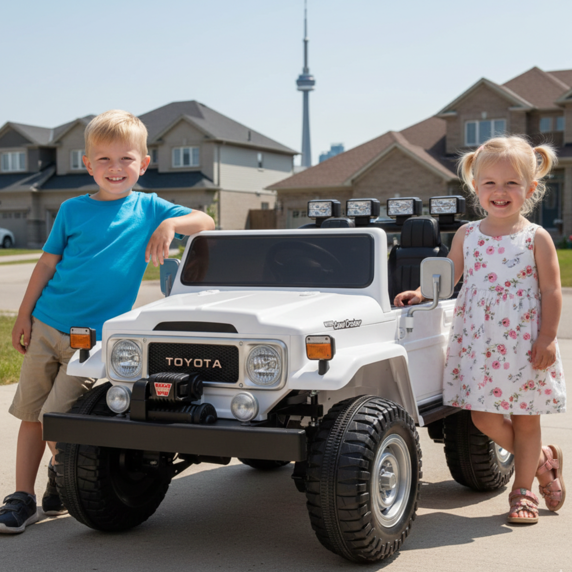 24V White 2-Seater Premium Edition Toyota 4x4 Truck for Kids W/ EVA Rubber Wheels, Music & RC