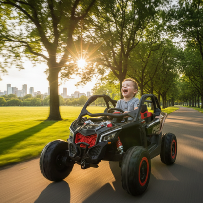 Black Licensed LX Performance Edition 2x24V Can-Am Maverick 4WD Double 24V Battery Pack, 2-Seater Kids' Buggy W/ Music, EVA Rubber Wheels, Leather Seats & RC