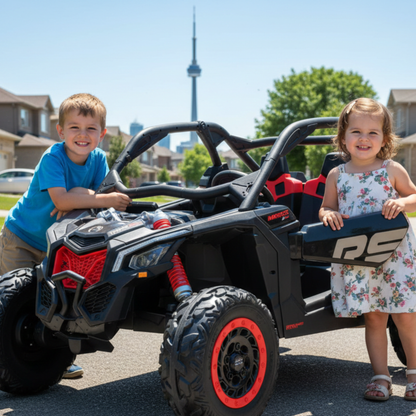 Black Licensed LX Performance Edition 2x24V Can-Am Maverick 4WD Double 24V Battery Pack, 2-Seater Kids' Buggy W/ Music, EVA Rubber Wheels, Leather Seats & RC