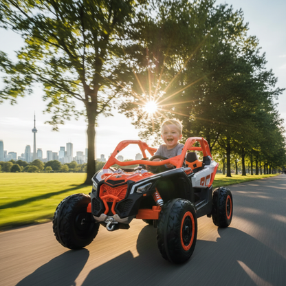 Orange Licensed LX Performance Edition 2x24V Can-Am Maverick 4WD Double 24V Battery Pack, 2-Seater Kids' Buggy W/ Music, EVA Rubber Wheels, Leather Seats & RC
