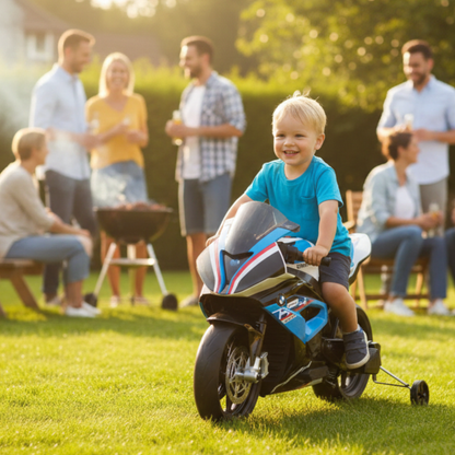 12V Blue BMW HP4 Kids' Super Motorcycle W/ EVA Rubber Wheels, Music & Lights