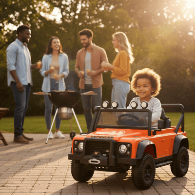 12V Orange Land Rover Defender 1-Seater AWD Ride-on Truck W/ Rubber Wheels, Music Player & RC.