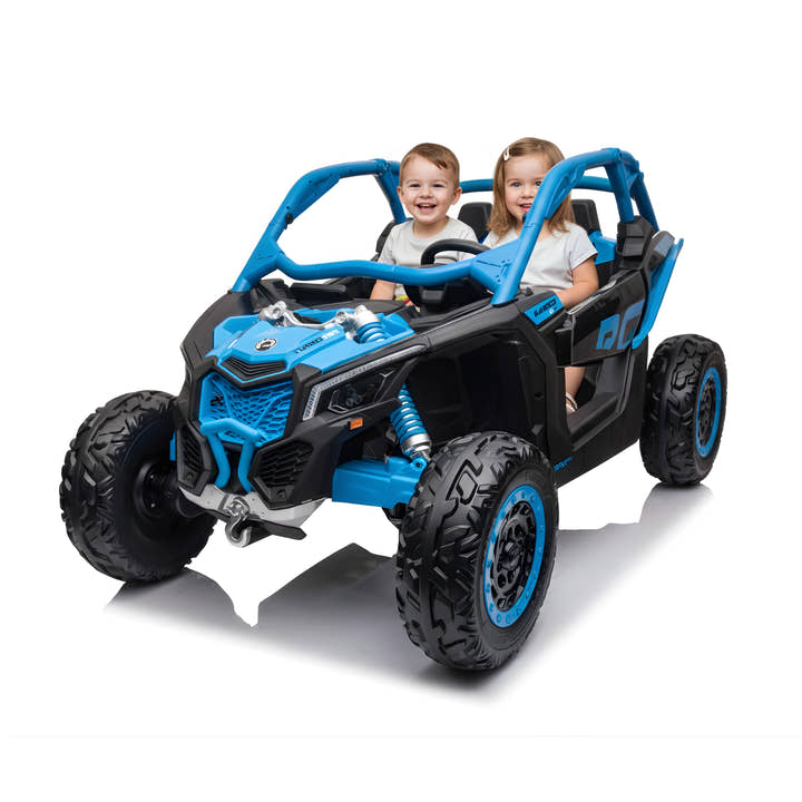 Blue Licensed LX Performance Edition 2X24V Can-Am Maverick 2-Seater 4WD UTV W/ EVA Wheels, Dual Battery Pack, Music, Leather Seats & RC