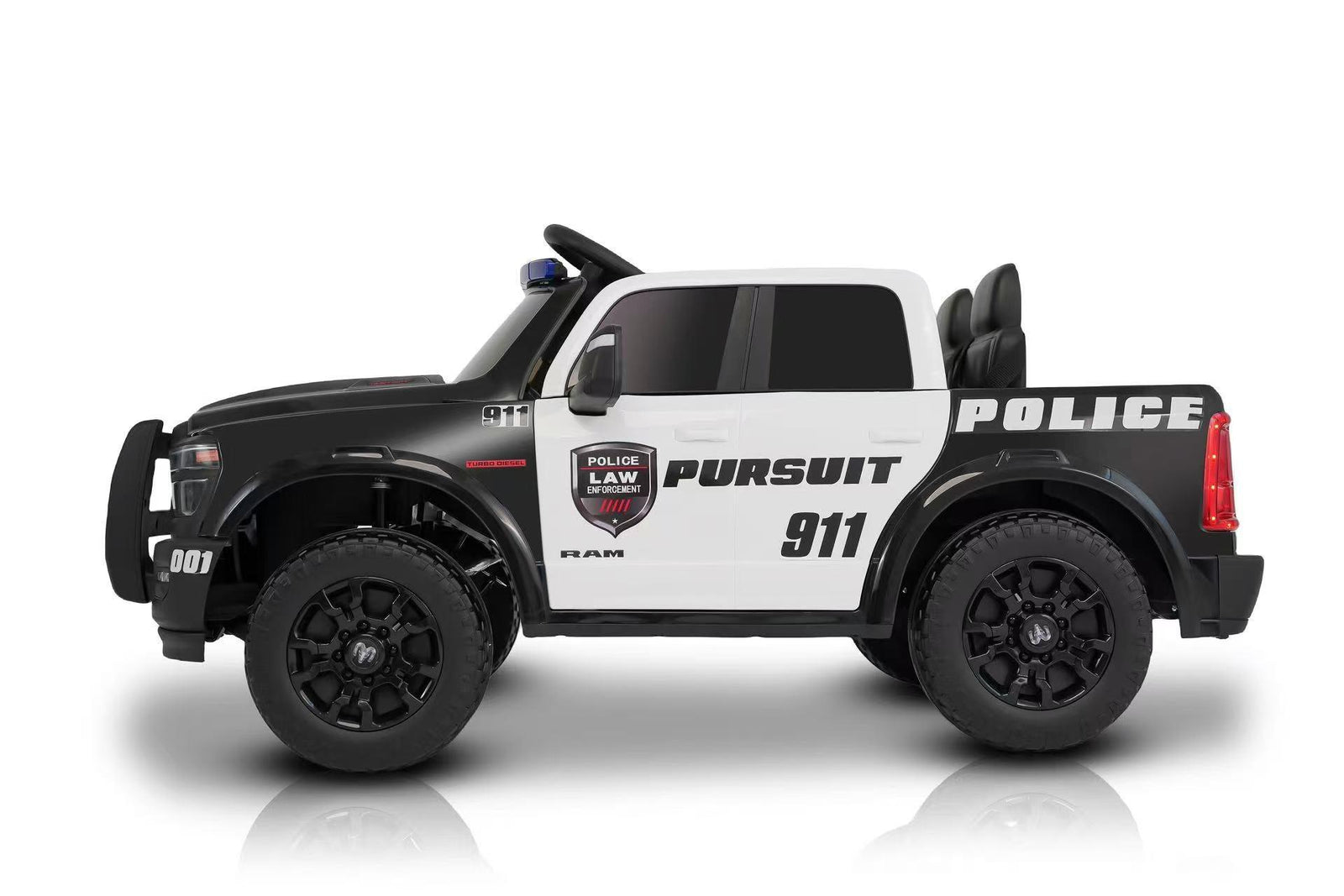 Siren and microphone feature on kids police ride-on truck