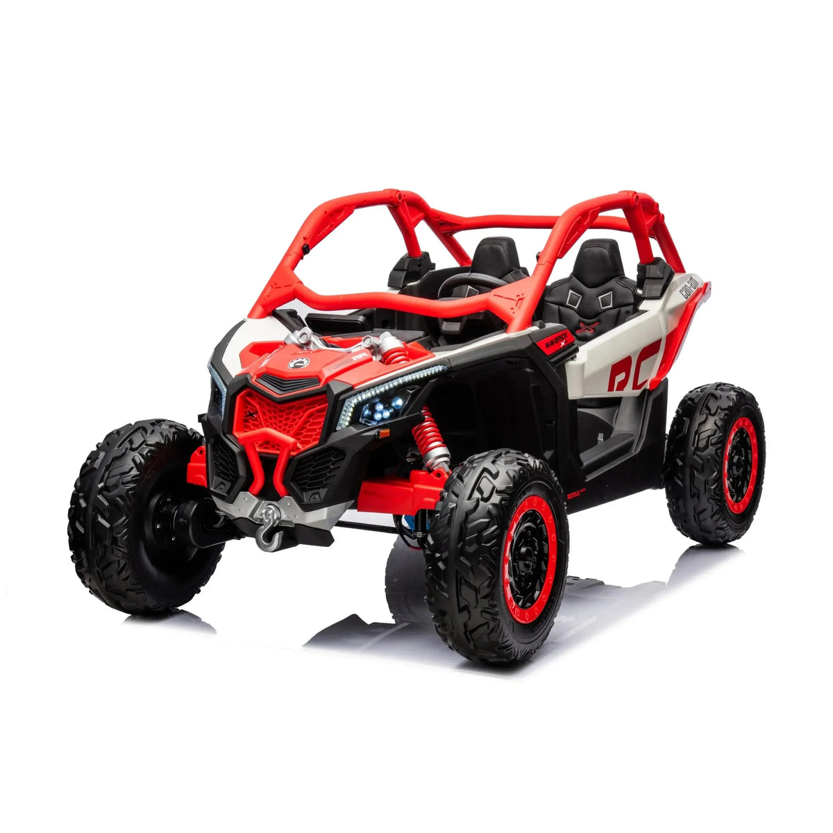 Red Licensed LX Performance Edition 2X24V Can-Am Maverick 2-Seater 4WD UTV W/ EVA Wheels, Dual Battery Pack, Music, Leather Seats & RC
