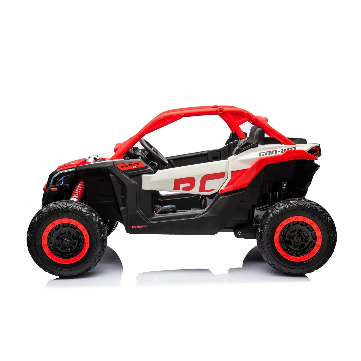 Red Licensed LX Performance Edition 2X24V Can-Am Maverick 2-Seater 4WD UTV W/ EVA Wheels, Dual Battery Pack, Music, Leather Seats & RC