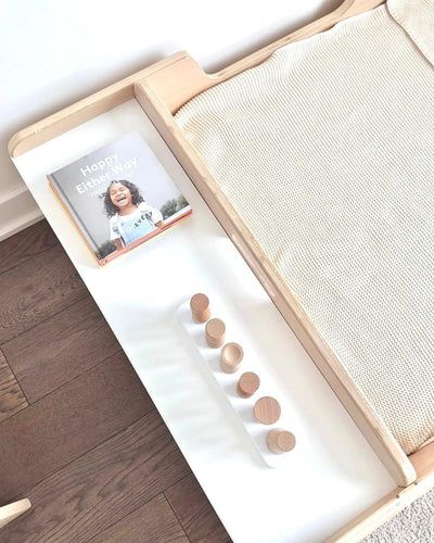 APPLE JUNIOR - Montessori Floor Bed with Rails & Shelves.