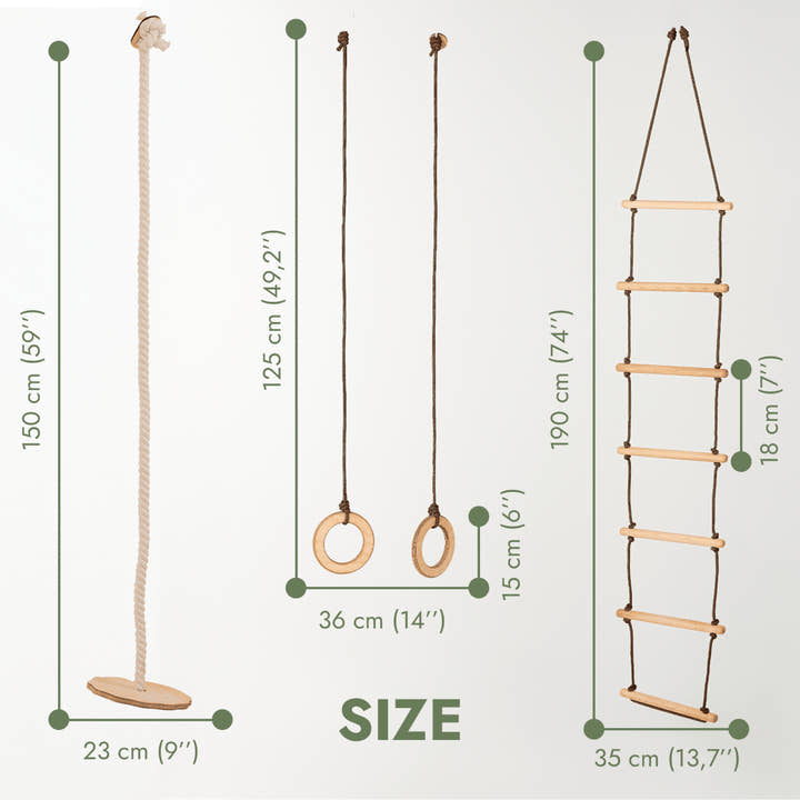 3in1 Swings Set: Rope Ladder + Gymnastic Rings + Disc Rope Swing.