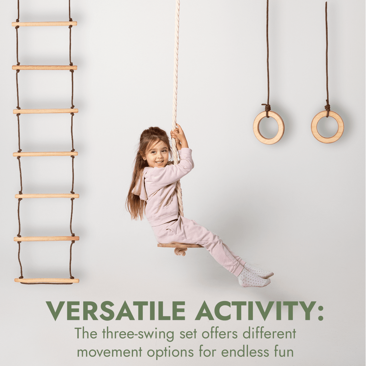 3in1 Swings Set: Rope Ladder + Gymnastic Rings + Disc Rope Swing.