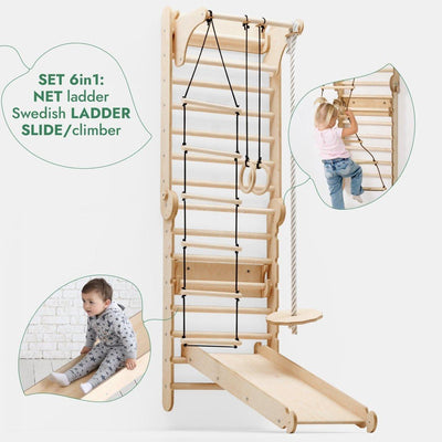 3in1: Wooden Swedish Wall / Climbing ladder for Children + Swing Set + Slide Board.