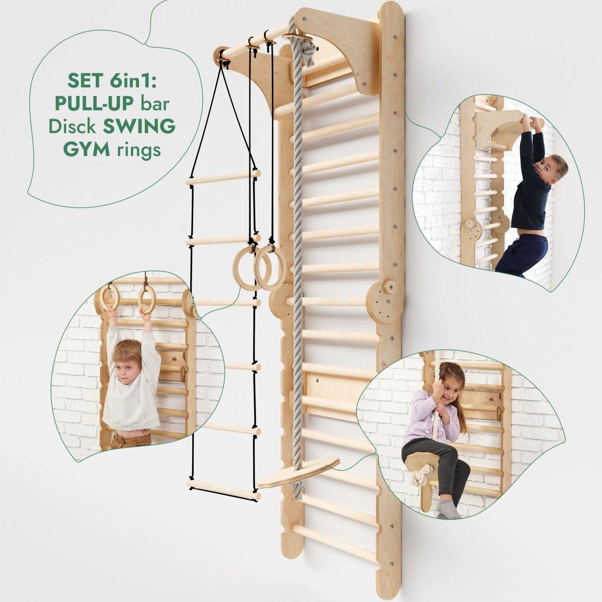 3in1: Wooden Swedish Wall / Climbing ladder for Children + Swing Set + Slide Board.