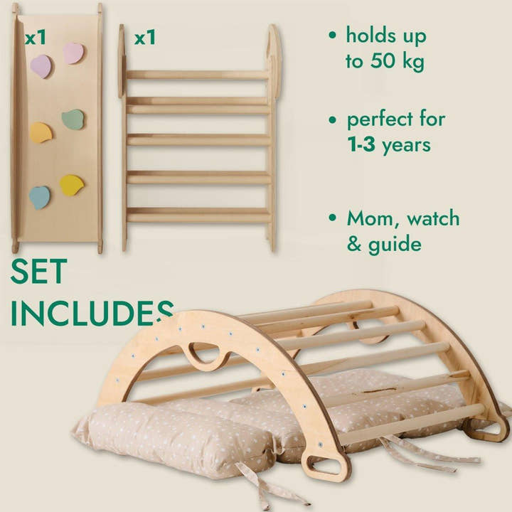 4in1 Montessori Climbing Set: Pikler Triangle, Arch, Slide Board, and Cushion for Toddlers (1–3 Years).