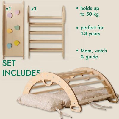 4in1 Montessori Climbing Set: Pikler Triangle, Arch, Slide Board, and Cushion for Toddlers (1–3 Years).