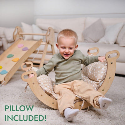 4in1 Montessori Climbing Set: Pikler Triangle, Arch, Slide Board, and Cushion for Toddlers (1–3 Years).