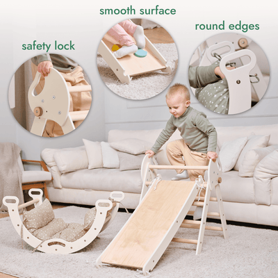 4in1 Montessori Climbing Set: Pikler Triangle, Arch, Slide Board, and Cushion for Toddlers (1–3 Years).