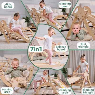 4in1 Montessori Climbing Set: Pikler Triangle, Arch, Slide Board, and Cushion for Toddlers (1–3 Years).