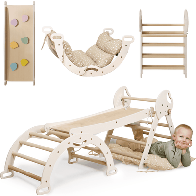 4in1 Montessori Climbing Set: Pikler Triangle, Arch, Slide Board, and Cushion for Toddlers (1–3 Years).