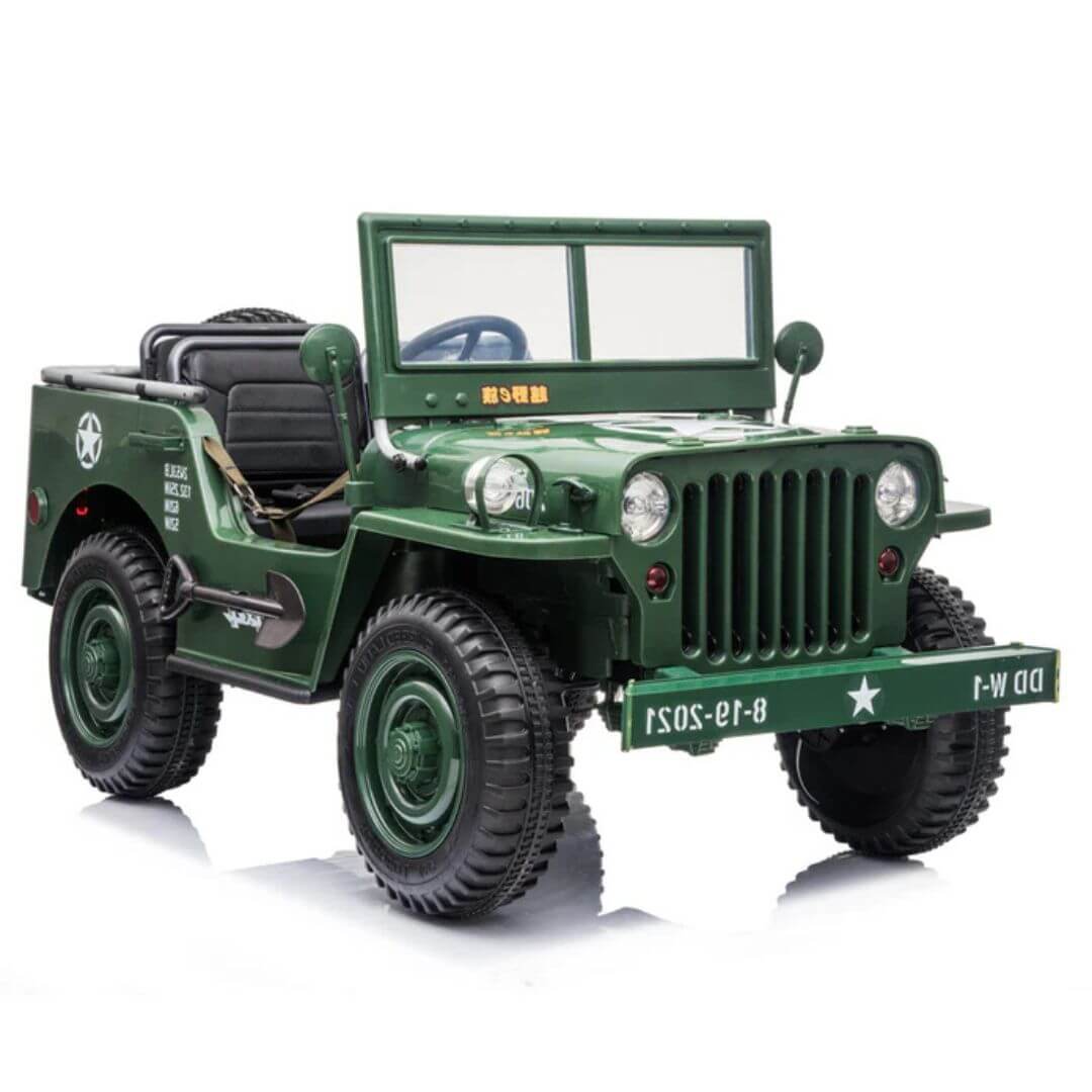 Green 12V Limited Edition Kids 1-Seater Military Ride-on Truck with Rubber Wheels, Music, RC image 1