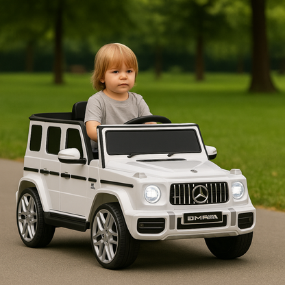 12V Luxury White Mercedes Benz AMG G63 Ride-On SUV W/ Rubber Wheels, Leather Seat, Bluetooth & RC