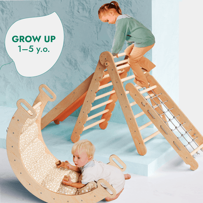 5in1 Montessori Climbing Frame Set: Triangle Ladder + Arch/Rocker + Slide Board/Ramp + Netting rope + Cushion.