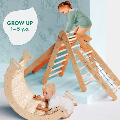 5in1 Montessori Climbing Frame Set: Triangle Ladder + Arch/Rocker + Slide Board/Ramp + Netting rope + Cushion