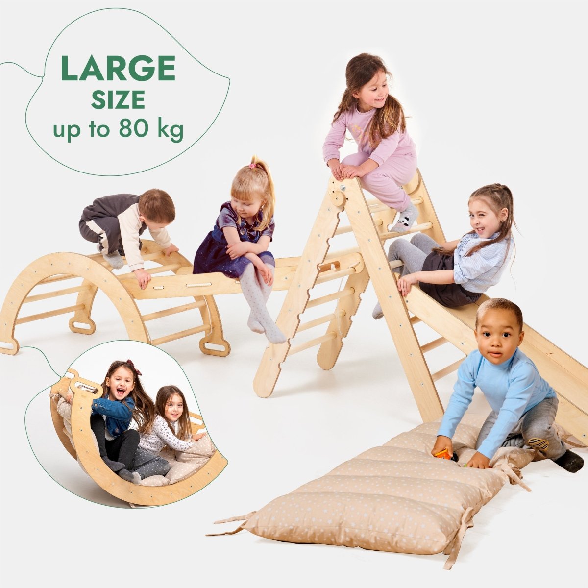 5in1 Montessori Climbing Frame Set: Triangle Ladder + Arch/Rocker + Slide Board/Ramp + Netting rope + Cushion