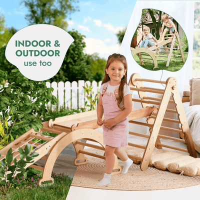 5in1 Montessori Climbing Frame Set: Triangle Ladder + Arch/Rocker + Slide Board/Ramp + Netting rope + Cushion.