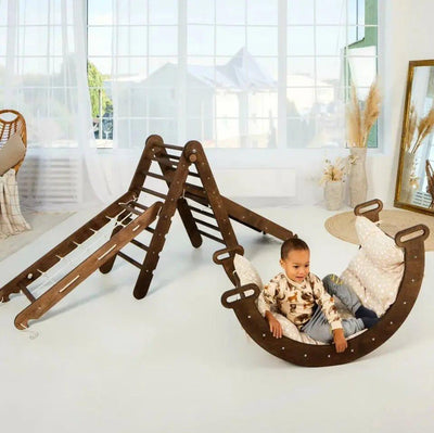 5in1 Montessori Climbing Frame Set: Triangle Ladder + Arch/Rocker + Slide Board/Ramp + Netting rope + Cushion.